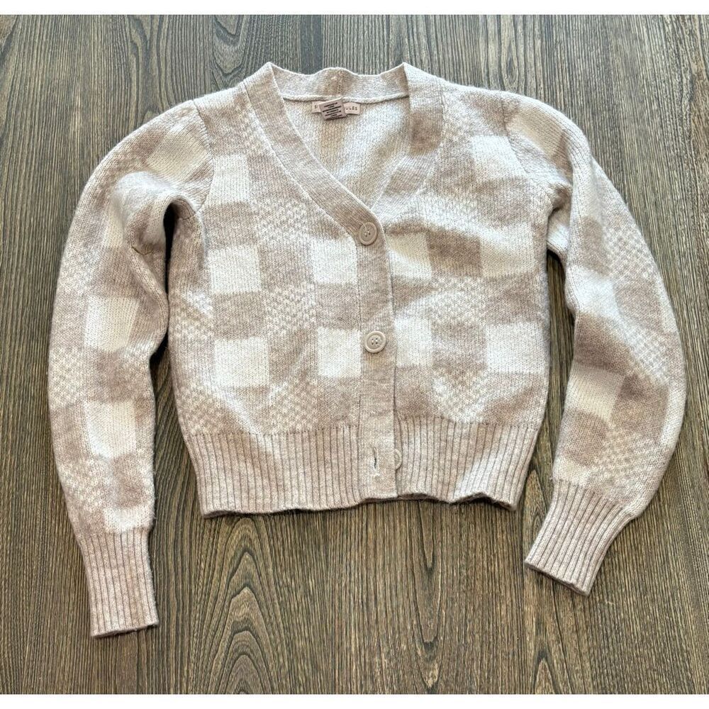 Sincerely Jules Womens Cardigan Sweater Button-Front Plaid Tan White Size XS